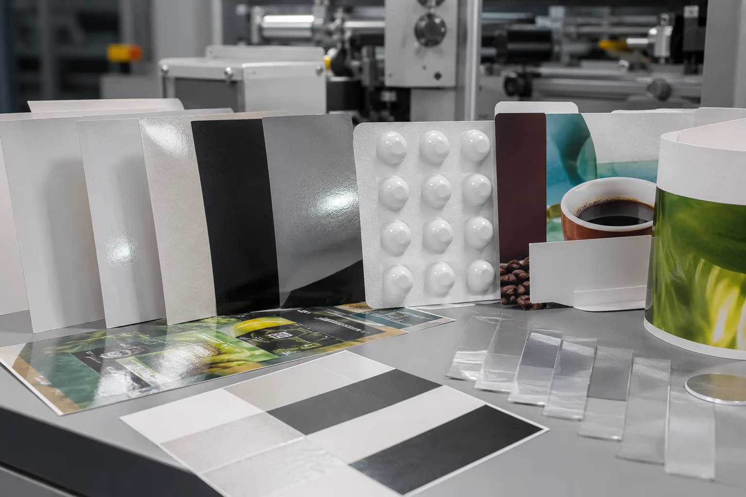 Functional coating samples and packaging surfaces for portfolio comparison.