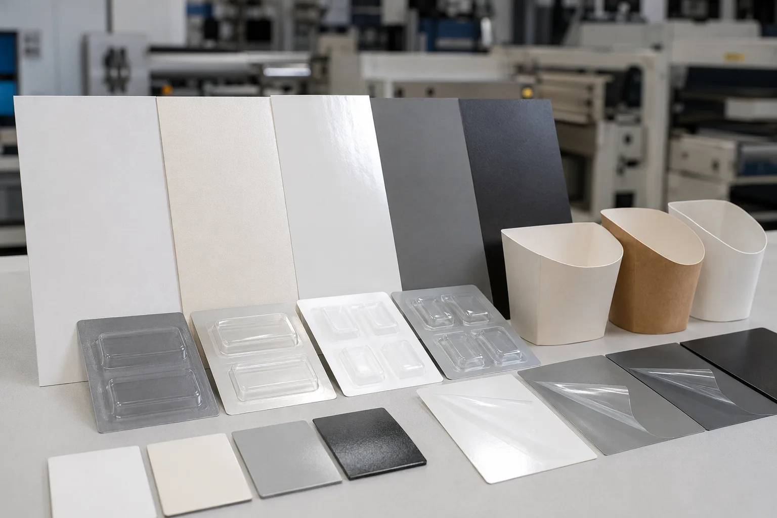 Coated boards, blister samples, and cups arranged for varnish vs barrier route comparison.