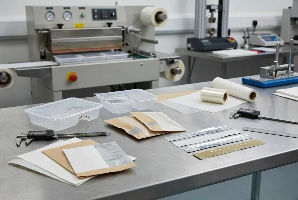 Heat-seal qualification setup with films, seal samples, and test tools on a packaging bench.