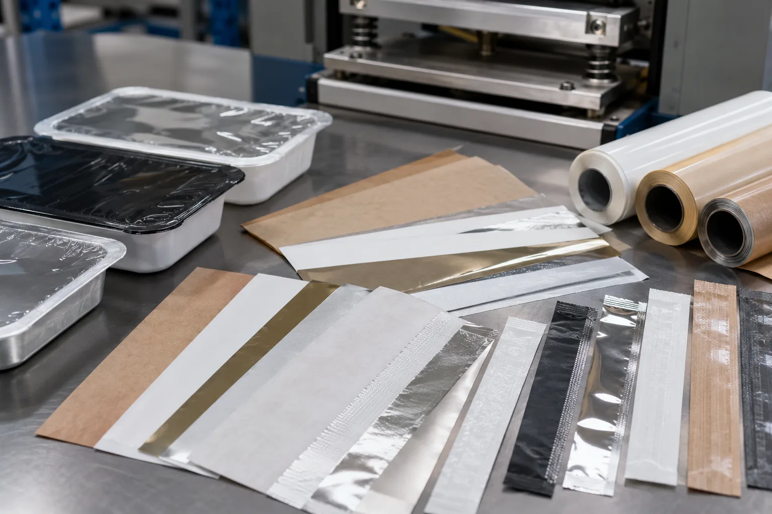 Trays, films, and seal samples arranged for heat-seal vs hot-melt route comparison.
