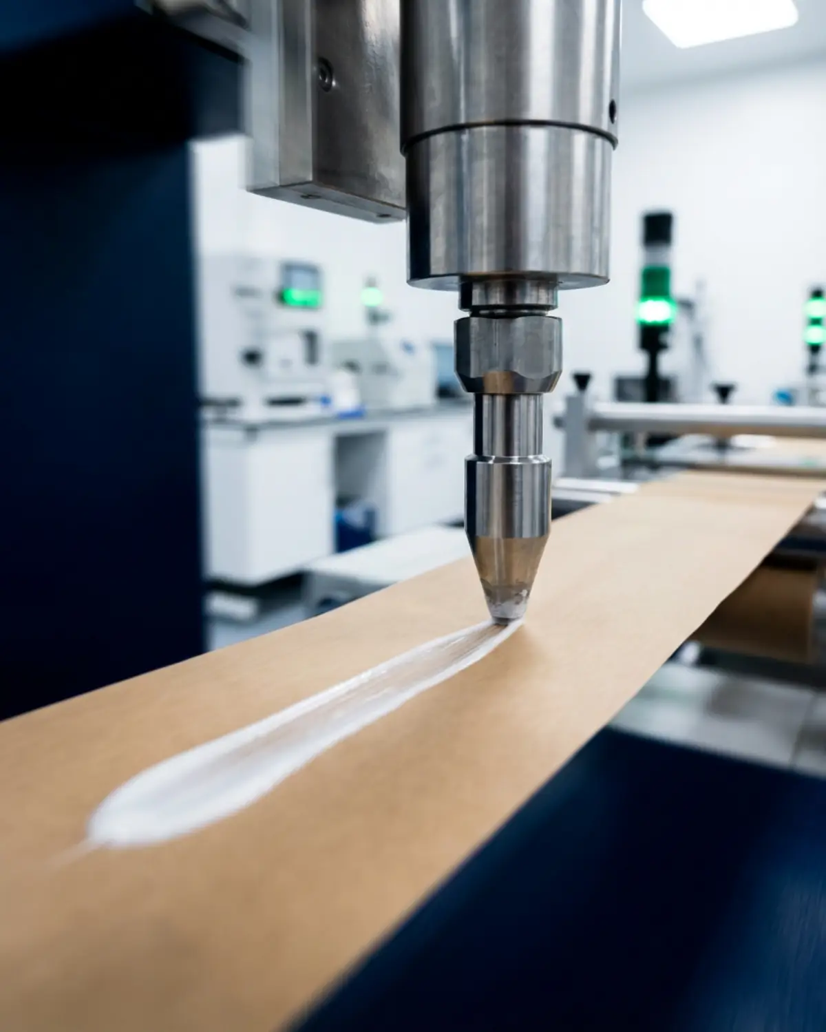 High-speed nozzle application on a paper bag manufacturing line