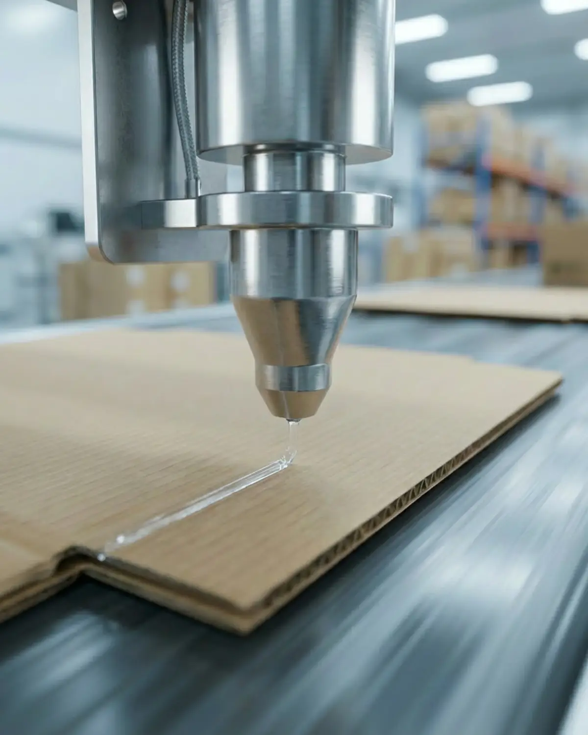 Hot melt adhesive applied through a precision nozzle on packaging line.