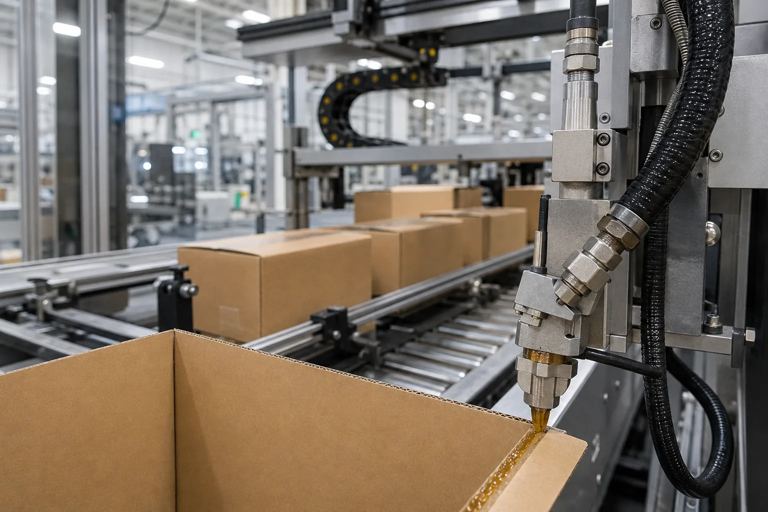 Hot-melt nozzle applying adhesive to corrugated board on a high-speed packaging line.
