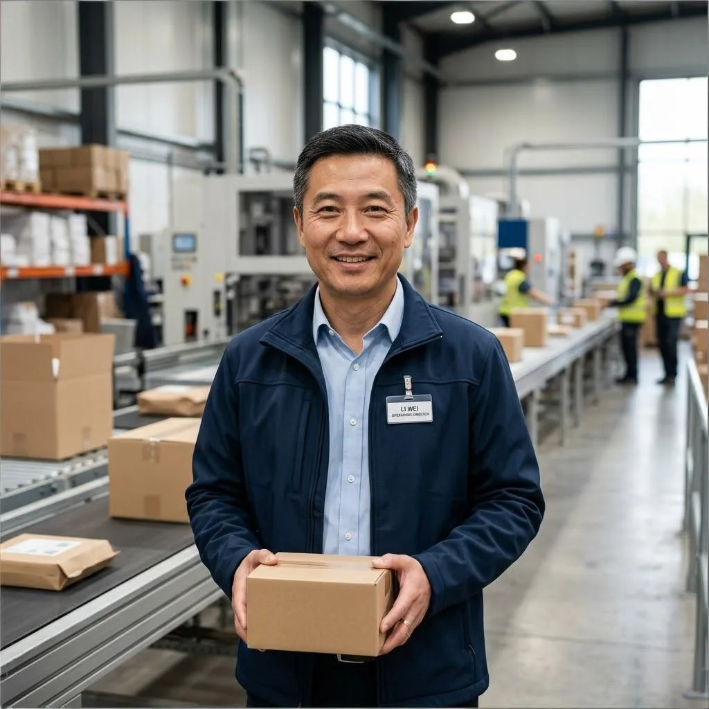Packaging operations director reviewing hot-melt application on a fulfillment line.