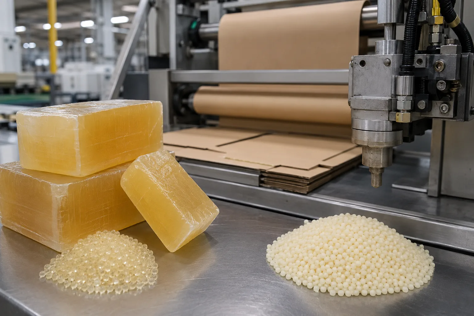 Hot-melt adhesive blocks beside water-based emulsion and carton stock on a packaging line.