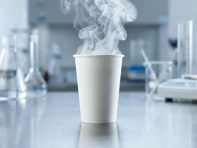 Steaming paper cup during hot-water leak testing for recyclable cup qualification.
