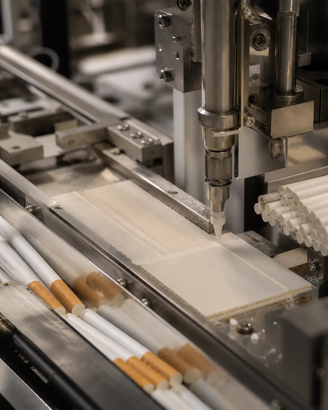 Controlled adhesive application on a high-speed cigarette manufacturing line.