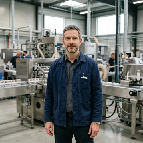 Operations engineering manager inside a high-speed cigarette converting facility.