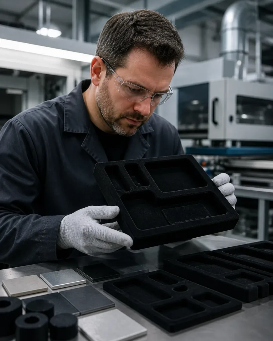 Quality review of premium flocked inserts for fiber density and finish uniformity.
