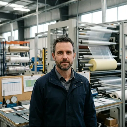 Process engineering manager reviewing laminated foam and film PSA qualification.