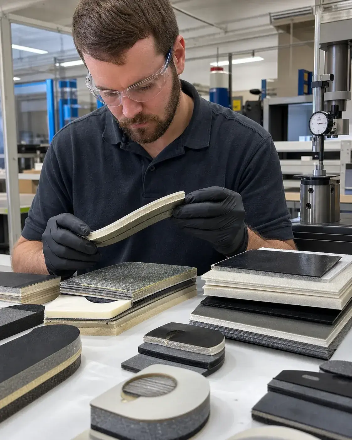 Technician inspecting laminated foam and film assemblies during industrial PSA validation.
