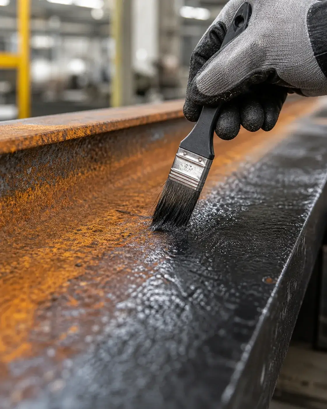 Rust converter applied to corroded steel before primer in an industrial maintenance workflow