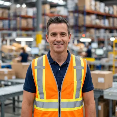 Operations director in a logistics distribution center reviewing pressure-sensitive label adhesive qualification.