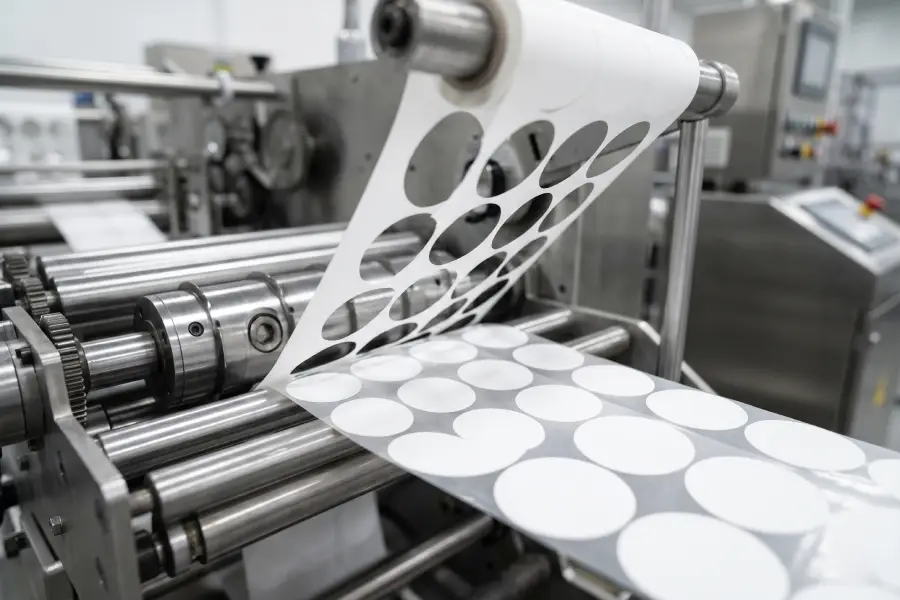 Label matrix stripping showing clean die-cutting on logistics PSA-coated stock.