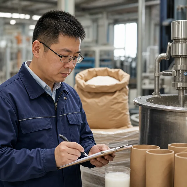 Process engineering lead reviewing adhesive powder mixing notes beside a paper tube adhesive preparation tank.