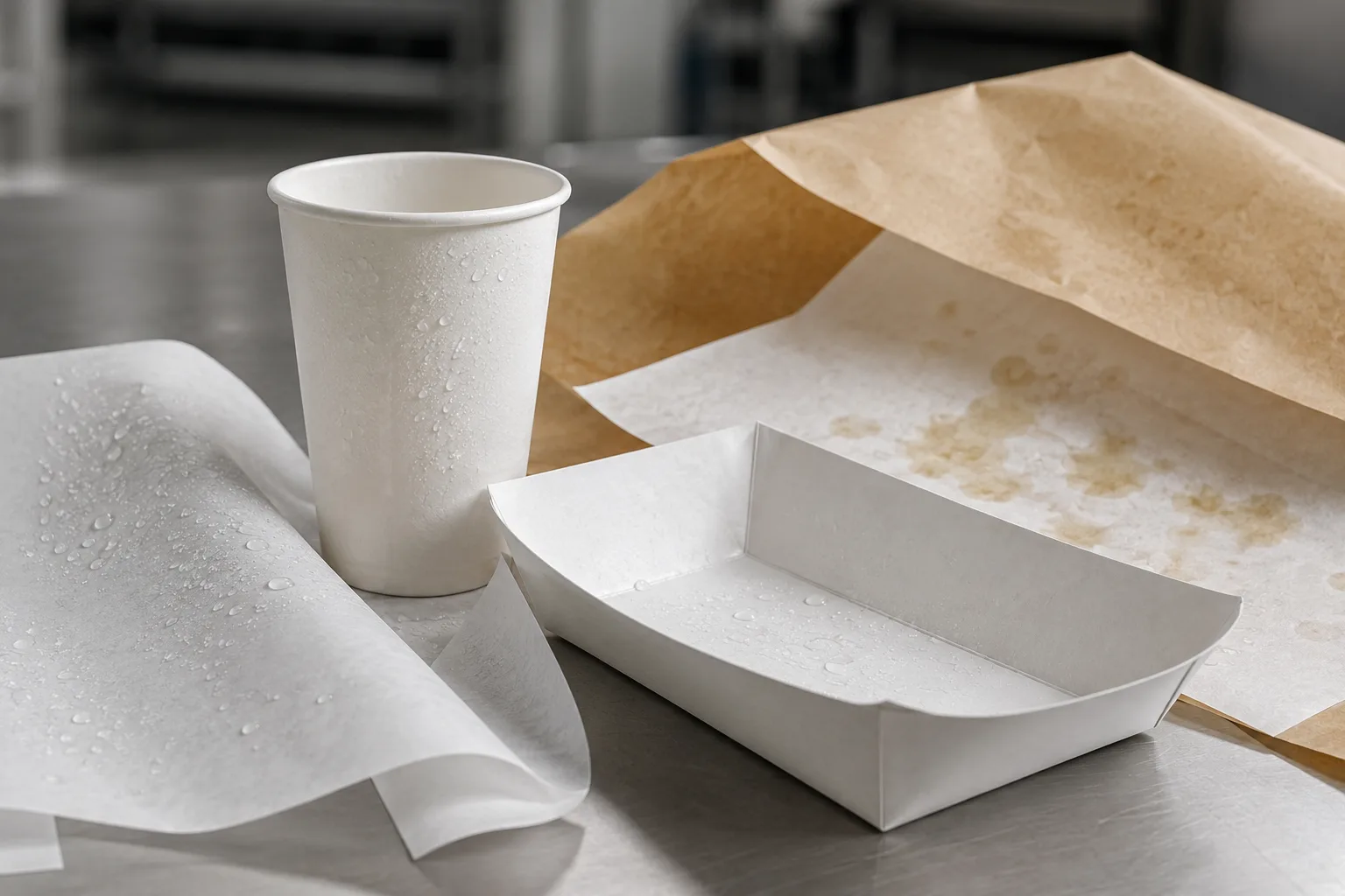 Paper cup, tray, and barrier-treated wrap compared with film-laminated structures for packaging route selection.