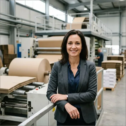 Packaging development manager reviewing barrier-coated paper foodservice formats.