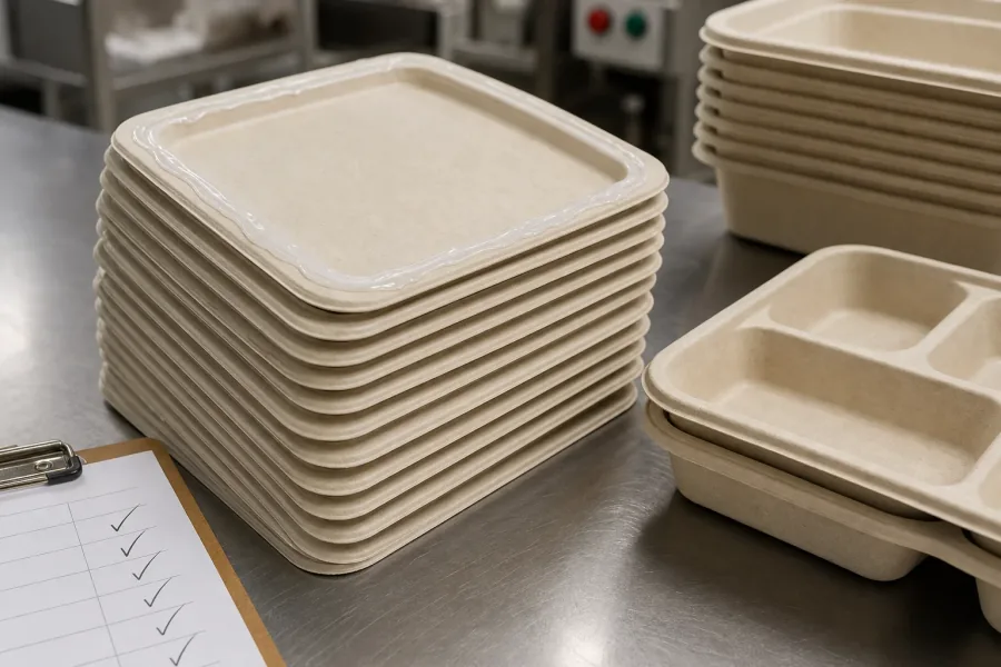 Stacked molded-fiber trays with reopenable closure samples after qualification.