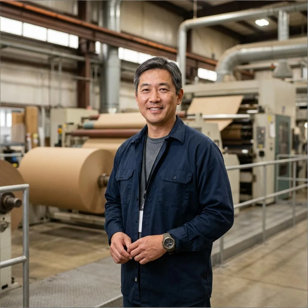 Converting operations director reviewing water-based adhesive application on a paper line.