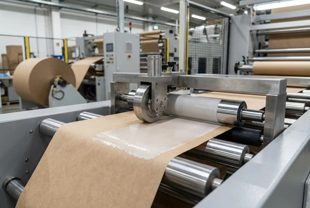 Water-based adhesive applied to kraft paper on a converting line during qualification.