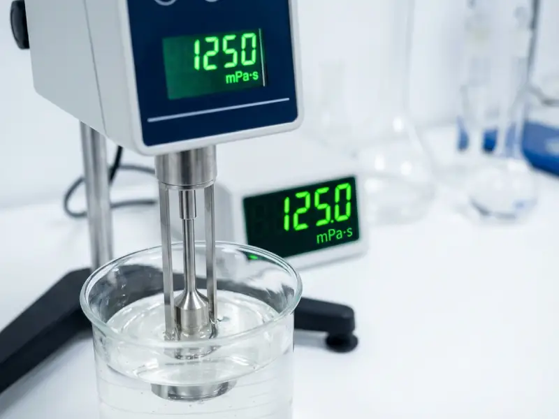 Digital rotational viscometer measuring adhesive viscosity.
