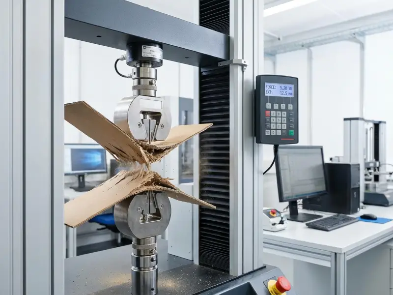 Universal testing machine performing peel strength on board samples.