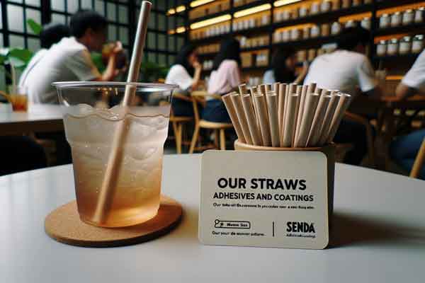 cafe table with a beverage, paper straw, and a card reading 'our straws use senda adhesives and coatings'
