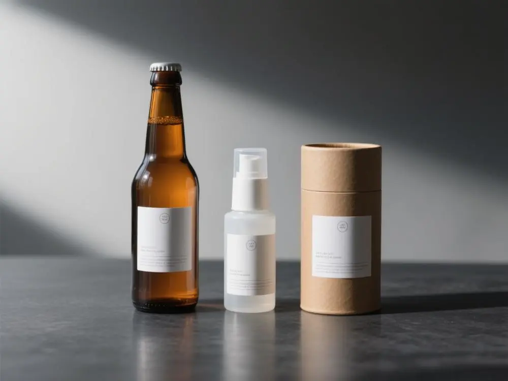 A collection of perfectly labeled glass bottles, plastic containers, and paper cans, showcasing the versatility of SENDA labeling adhesives.