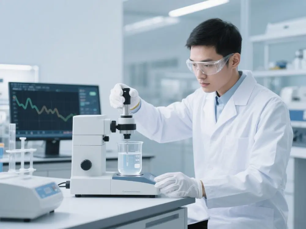 A laboratory technician performing a viscosity test, symbolizing the rigorous R&D and quality control behind SENDA's compliant adhesives.