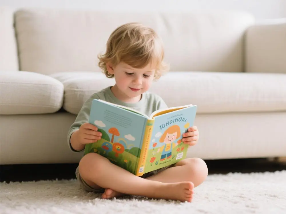 A child's hands carefully turning the pages of a beautifully illustrated, high-quality children's book, symbolizing the safety and quality of SENDA adhesives.