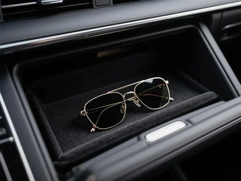 A close-up shot of a luxury car's interior, focusing on the perfectly flocked glove box, conveying a sense of quality, NVH performance, and precision.
