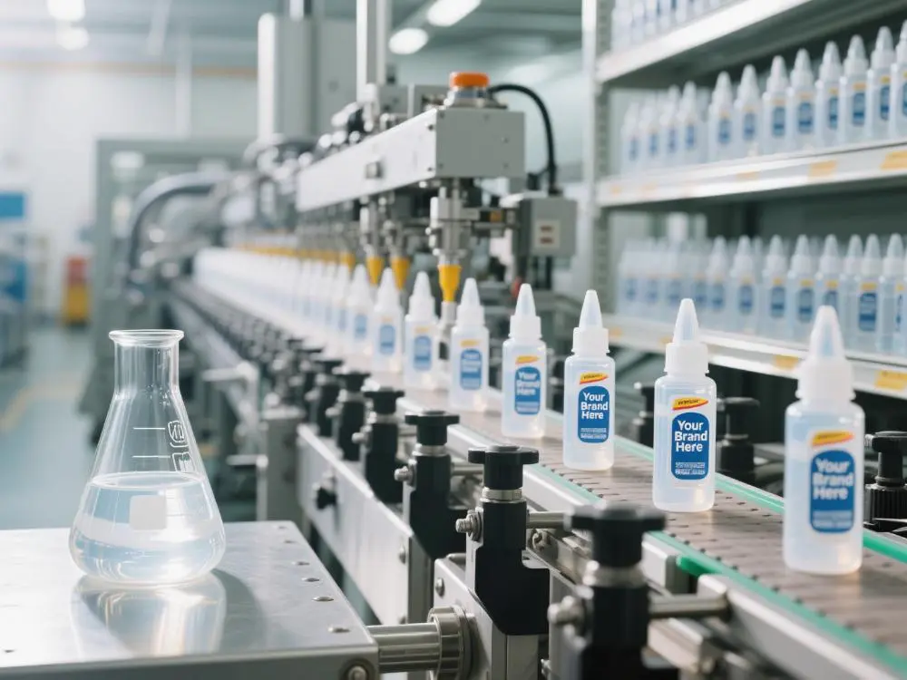 A conceptual image showing the process from a chemical beaker with adhesive, to an automated filling line, to finished stationery glue products on a shelf.