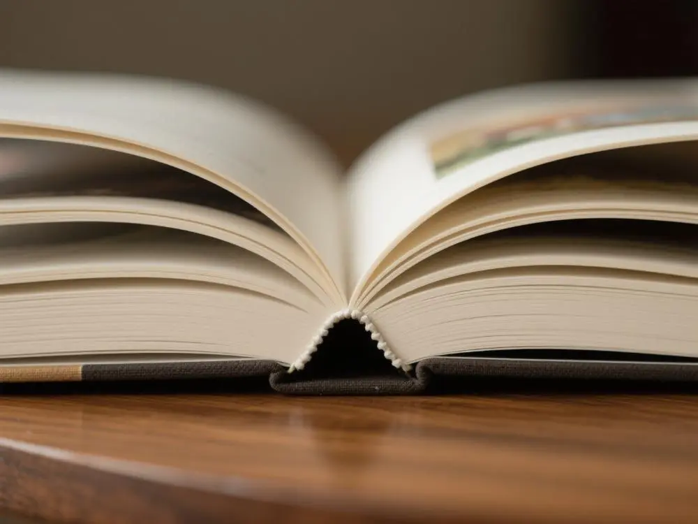Толстая высококачественная книга, лежащая совершенно плоская (180 градусов) на столе, демонстрируя превосходное качество переплета, достигнутое с помощью клеев Senda.