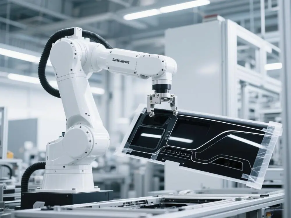 An industrial robot arm precisely handling a high-value automotive panel with screen-printed adhesive pre-applied, showcasing a realistic, high-tech assembly process.